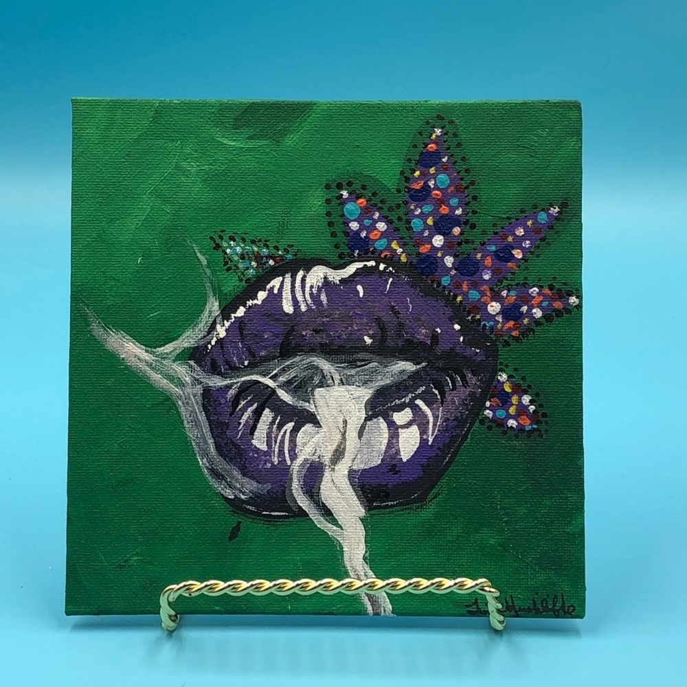 6”x6” Original Hand Painted Stretched Canvas Board w/Smoking Lips. Acrylic.